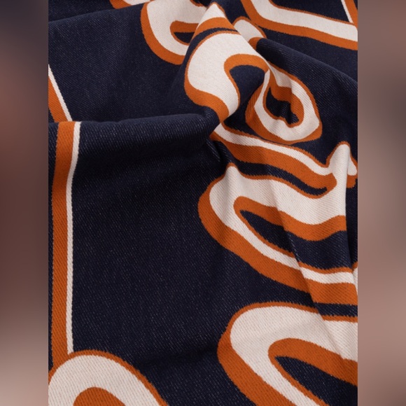 Burberry Script-Logo Cotton Scarf in Navy with Orange Trim - Picture 5 of 6